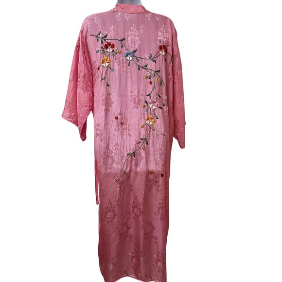 Vtg Pink Satin Floral Embroidered Kimono Robe Long Damask Jacquard Made in Japan